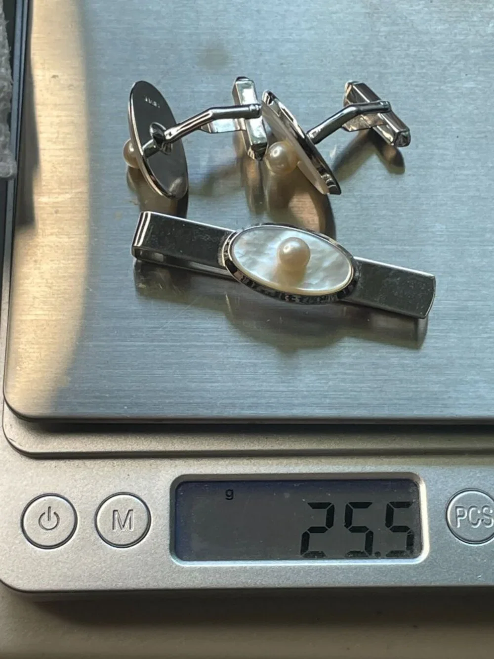 Vintage Japanese Silver Pearl Cufflinks Tie Clip Set Mother of Pearl Akoya Mid C